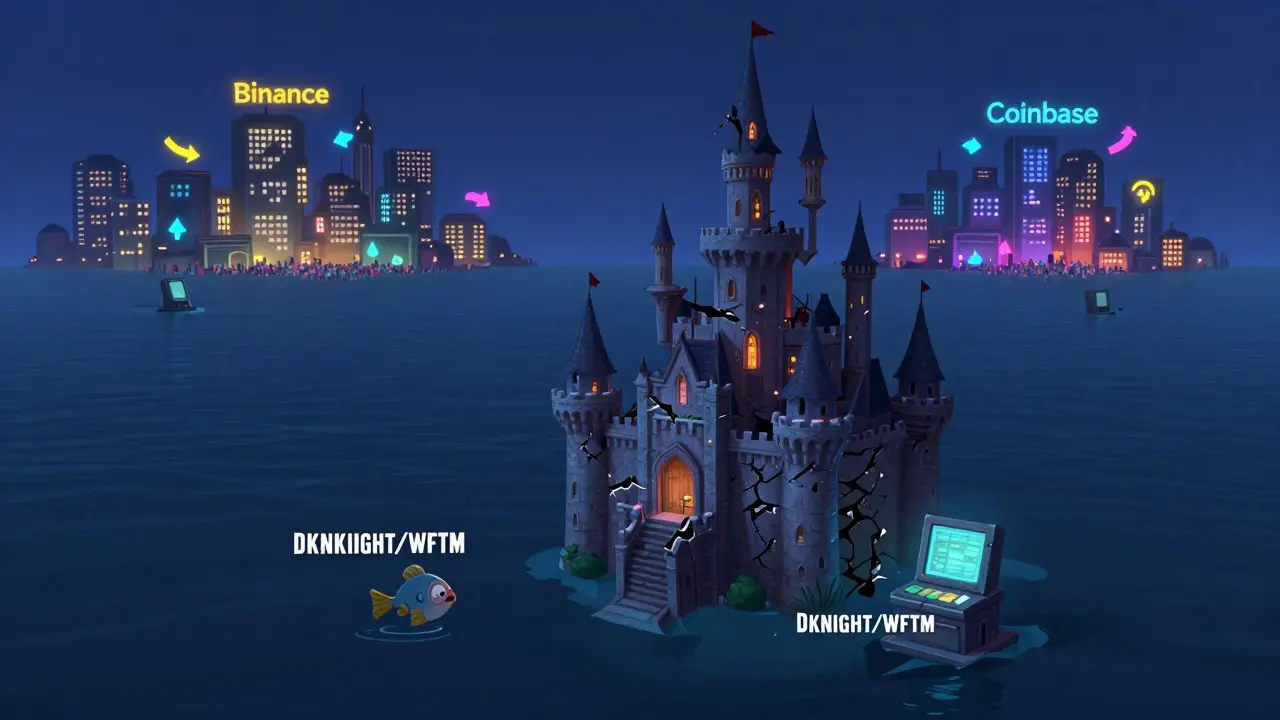 Un castillo diminuto y desgastado flotando en un océano digital vacío, mientras ciudades brillantes como Binance y Coinbase dominan el horizonte.