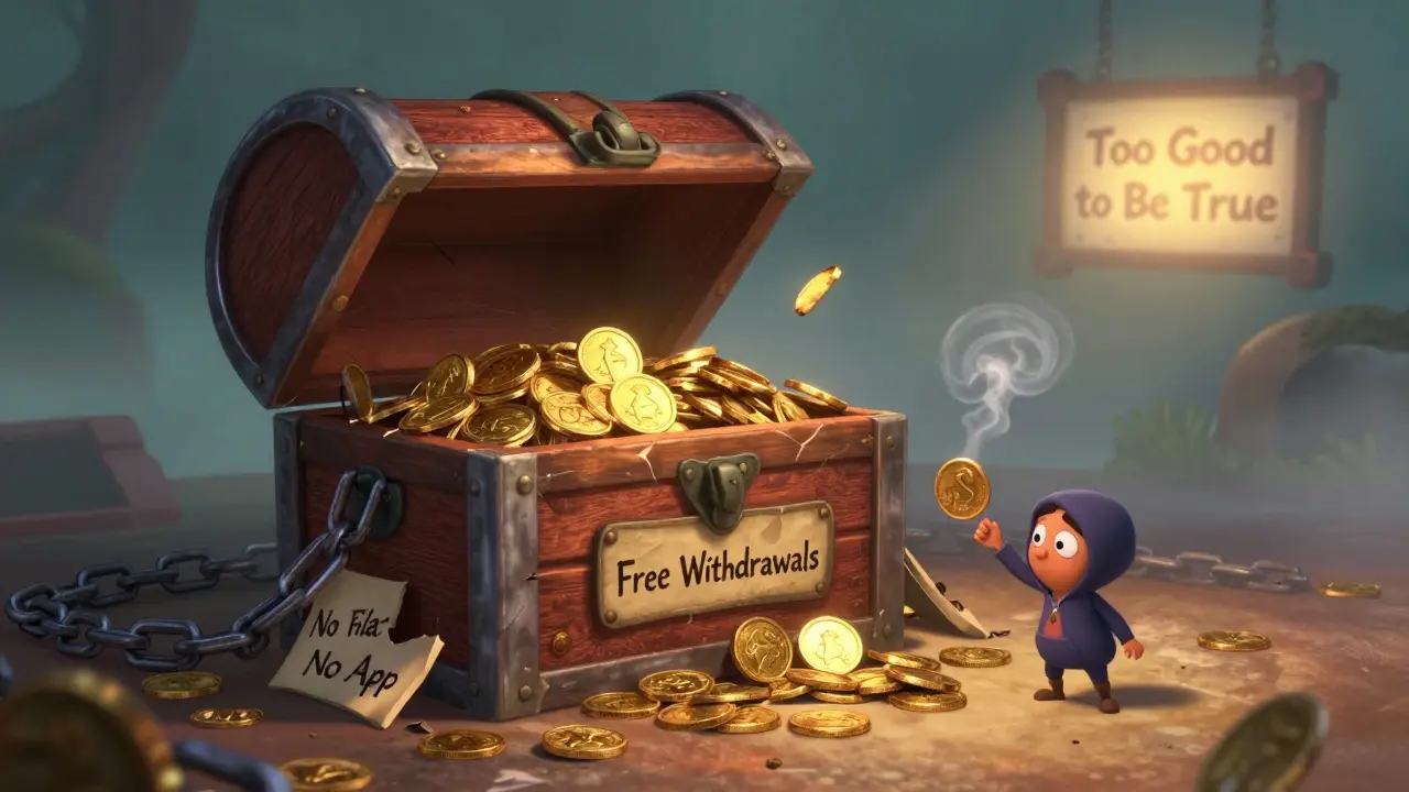 Un cofre mágico de retiros gratuitos que se vacía, rodeado de cadenas rotas que representan falta de transparencia.