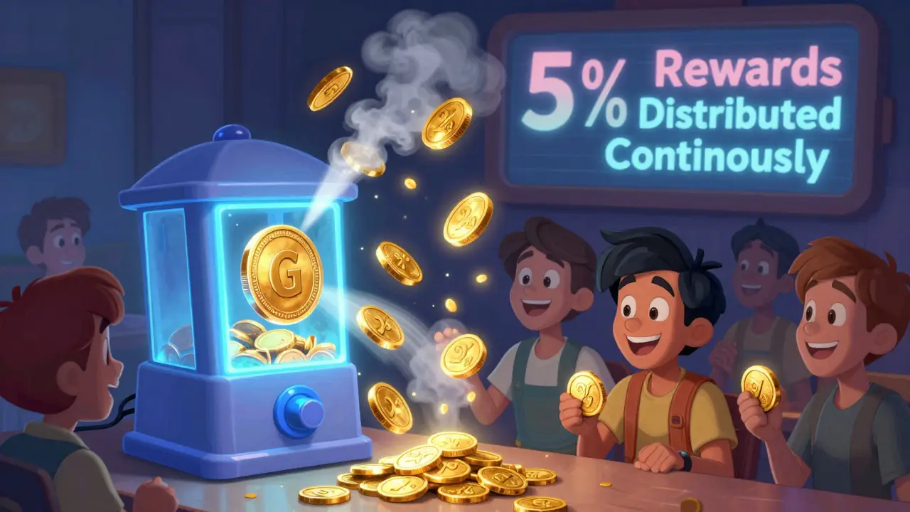 Un dispensador automático de tokens GZONE reparte recompensas continuas a quienes stakean.