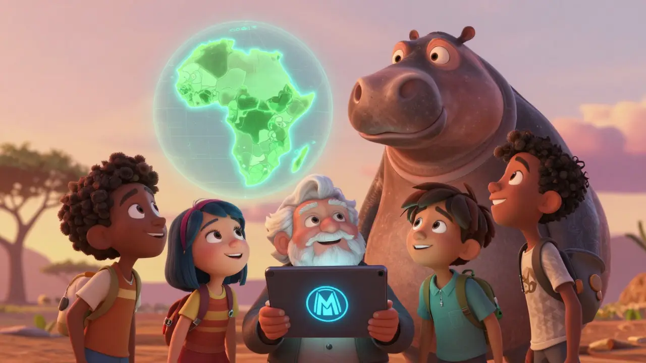 Un grupo de personas mira con asombro una imagen holográfica de Mars el hipopótamo sobre un mapa de África Occidental.