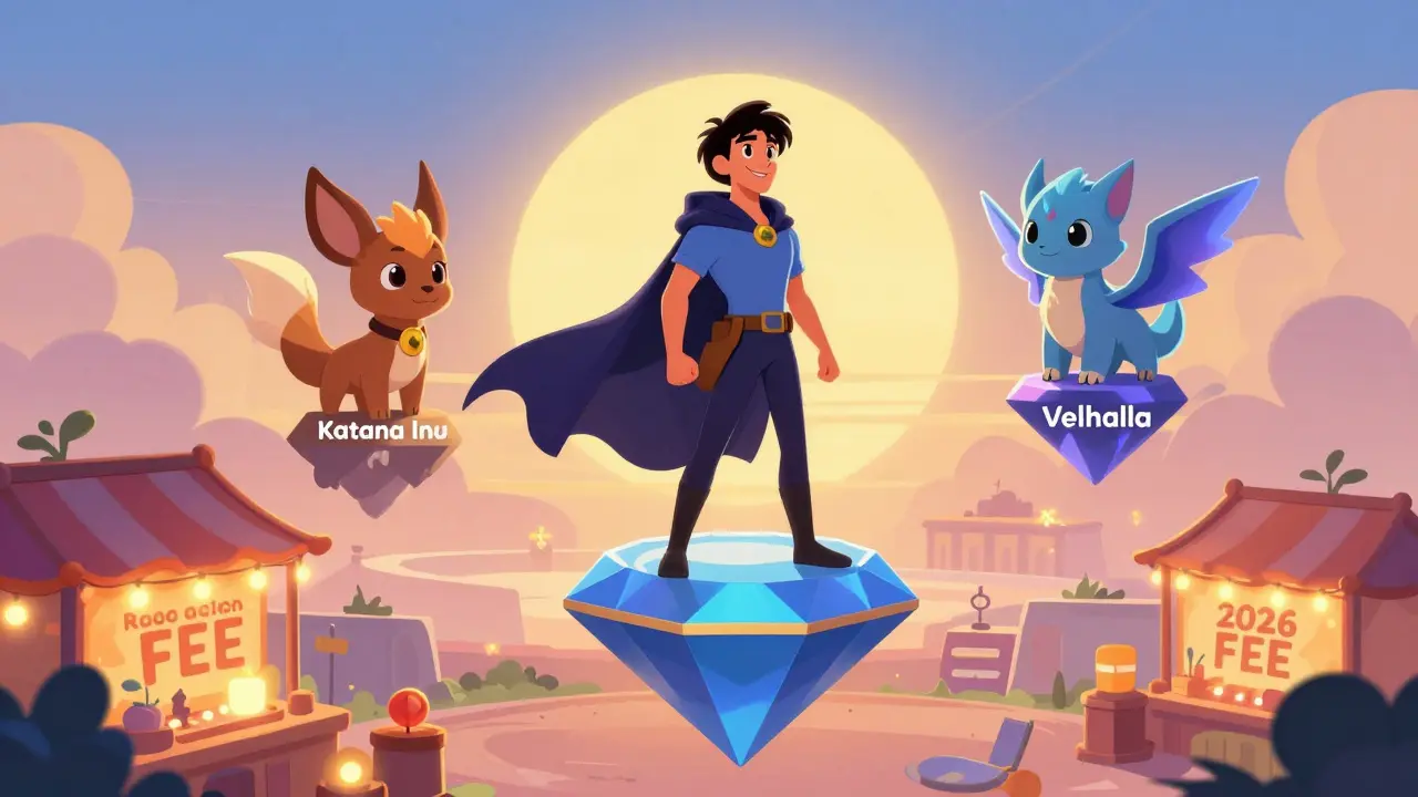 Un héroe con NFTs domina un marketplace y proyectos GameFi mientras brilla un futuro prometedor.