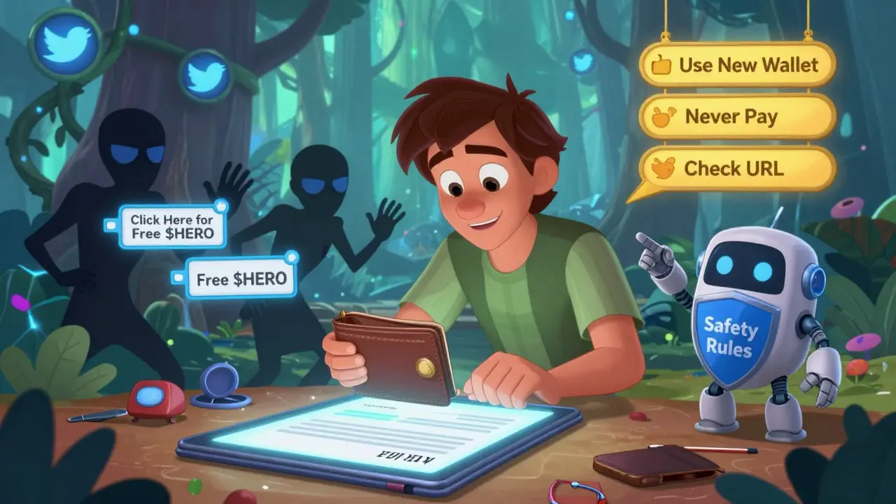 Un héroe conecta una billetera segura mientras figuras maliciosas intentan engañarlo, con reglas de seguridad visibles.