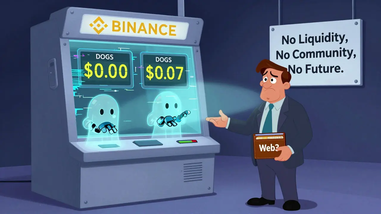 Un inversor frente a una máquina Binance que muestra precios contradictorios, con manos fantasmales ofreciendo nada.
