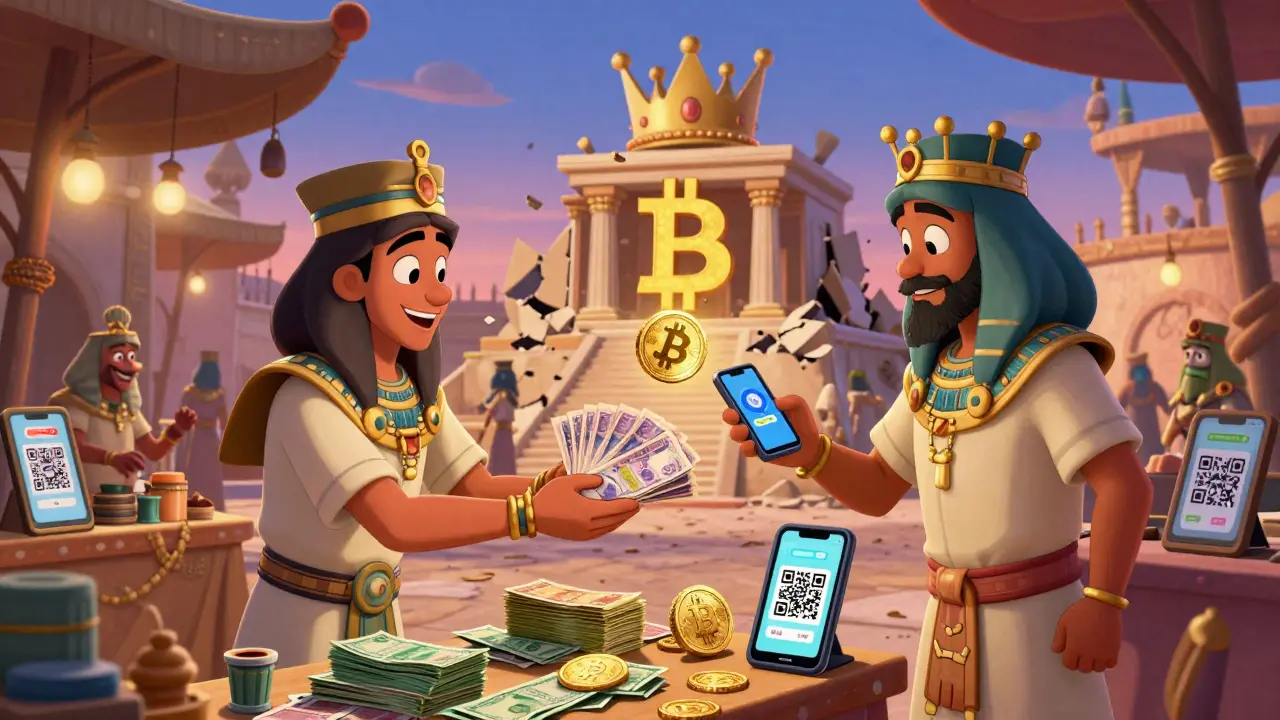 Un mercadillo egipcio donde se intercambia efectivo por criptomonedas con monedas flotantes.