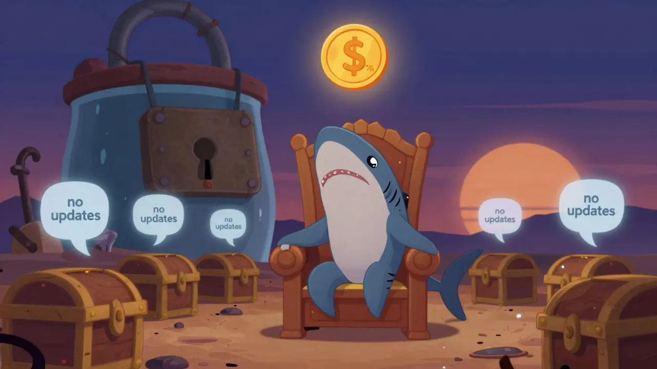 Un NFT de tiburón solitario en un trono abandonado, bajo un reservorio sellado del 61% de tokens.