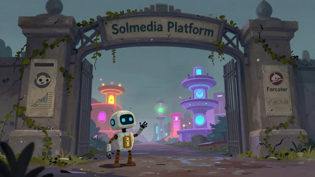 Un robot pequeño frente a una puerta cubierta de grava de gráficos de volumen cero, mientras otros proyectos brillan lejos.