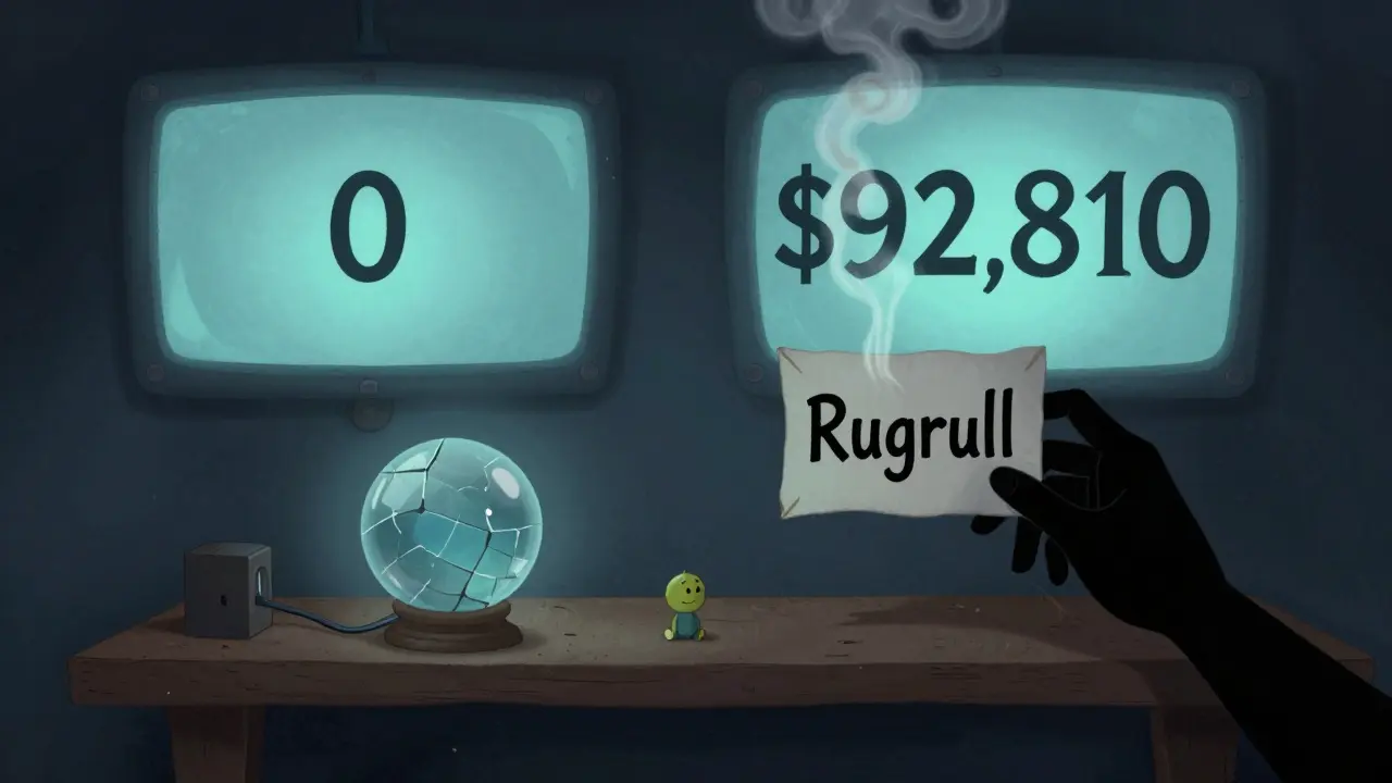 Un token LESTER en una estantería polvorienta, con pantallas contradictorias y una mano oscura sosteniendo un letrero de 'Rugpull'.