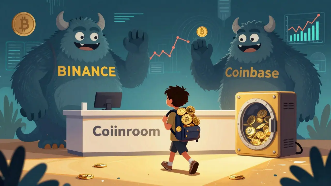 Un usuario camina hacia Coinroom mientras intercambios caóticos se desvanece, hacia una billetera fría segura.