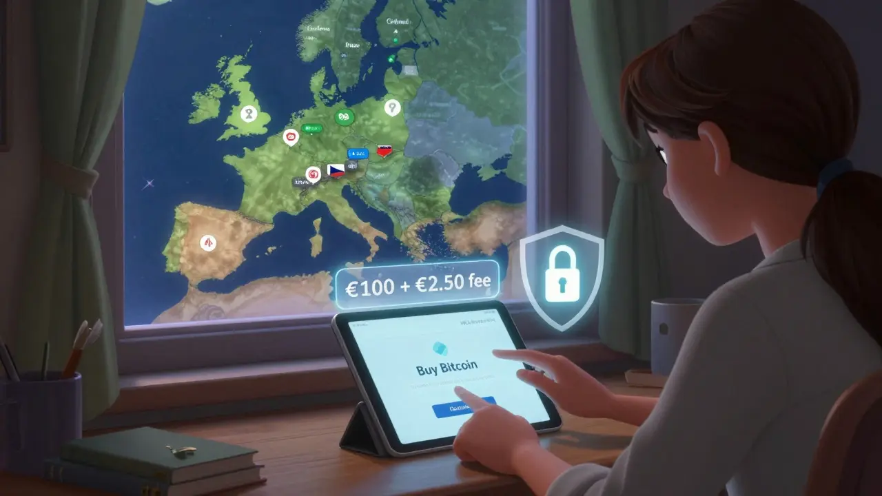 Un usuario europeo compra Bitcoin con tarifas visibles, protegido por autenticación de dos factores y regulación MiCA.