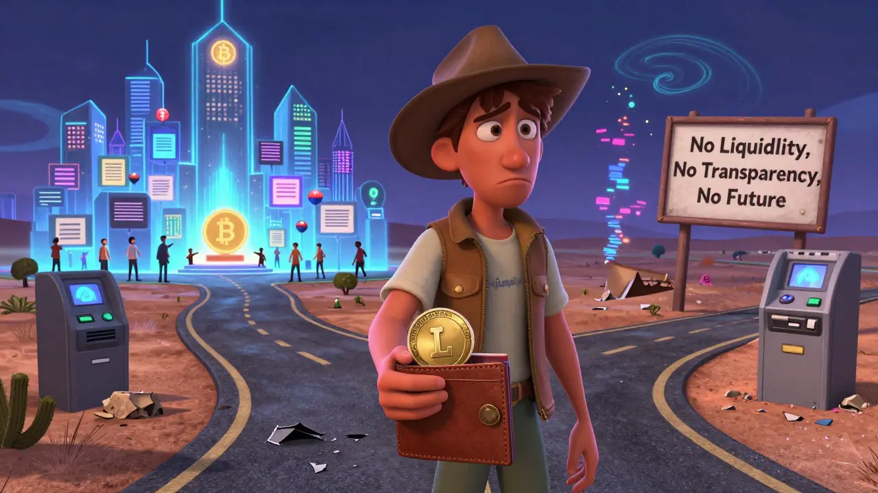 Un viajero mira dos caminos: uno hacia una comunidad criptográfica viva y otro hacia un desierto sin liquidez ni transparencia.