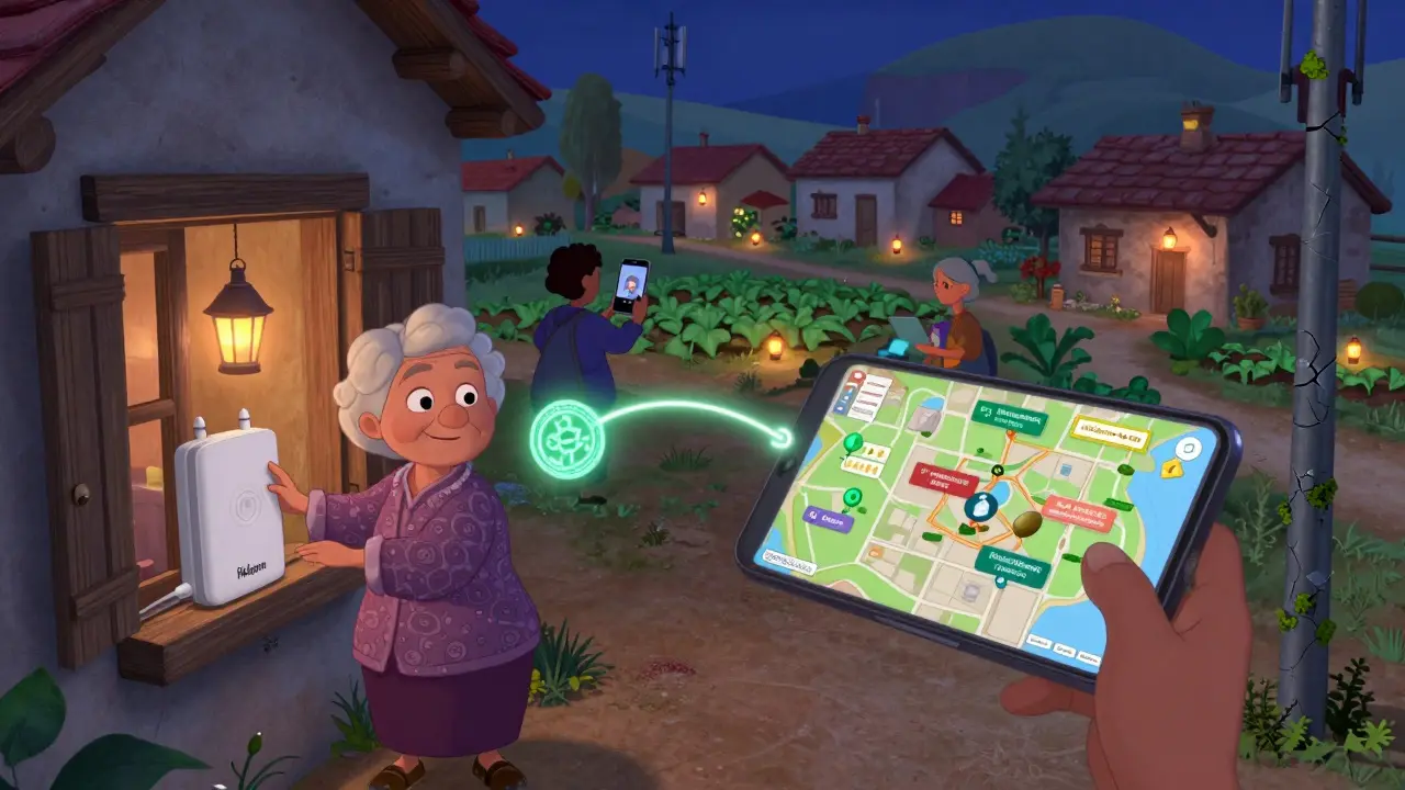 Una abuela en un pueblo español conecta un hotspot DePIN, mientras sus vecinos usan internet para monitorear cultivos y comunicarse.
