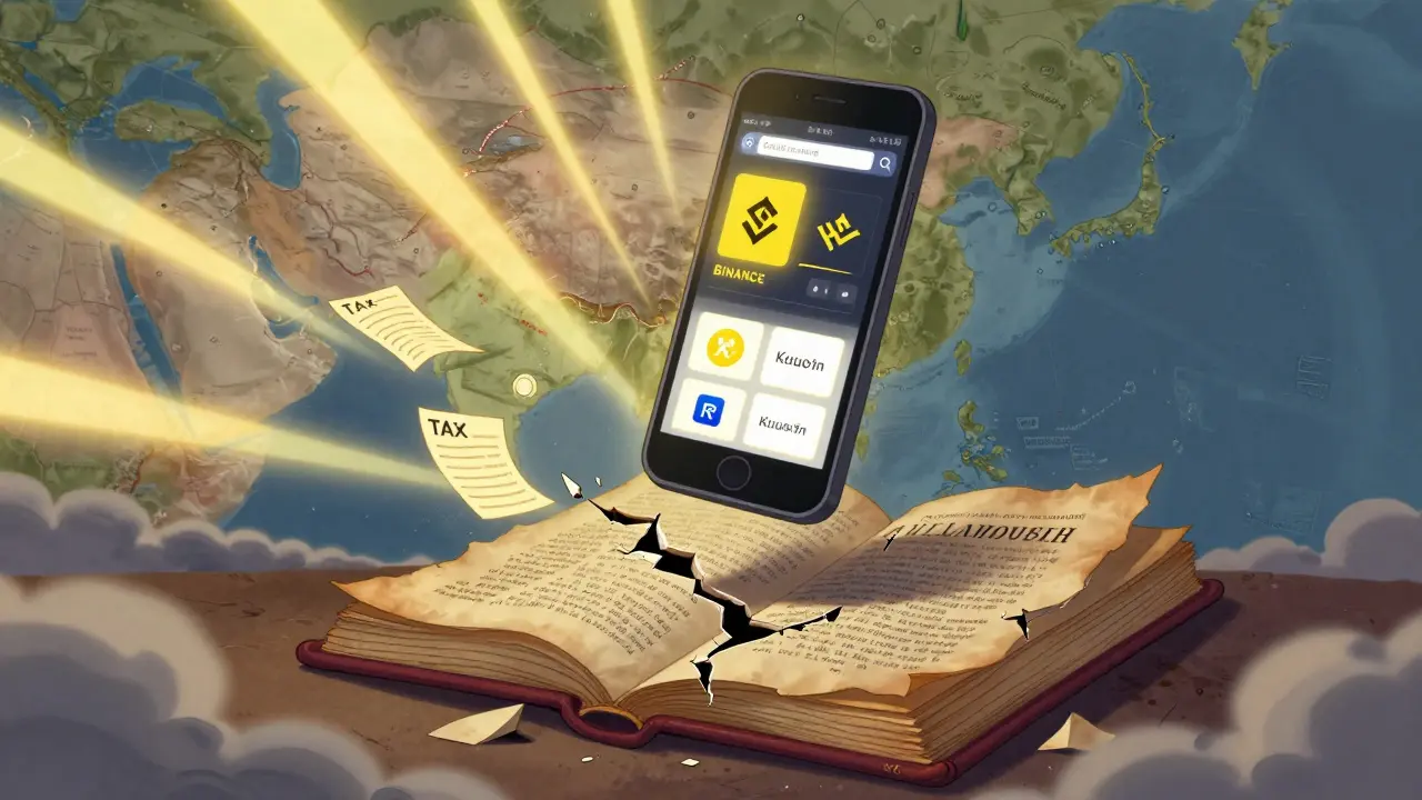 Una app cripto brilla en el aire mientras una ley antigua se rompe en el suelo bajo una luz dorada.