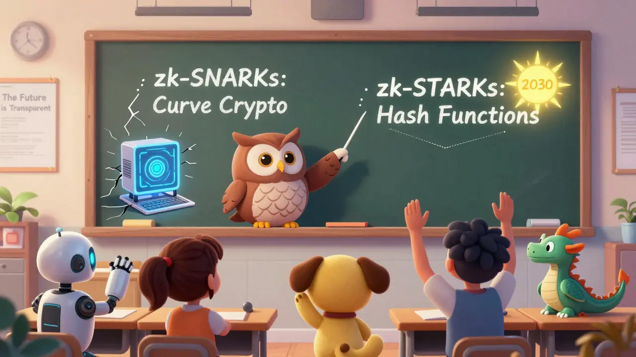 Una clase futurista donde un búho enseña la diferencia entre SNARKs vulnerables y STARKs seguras.