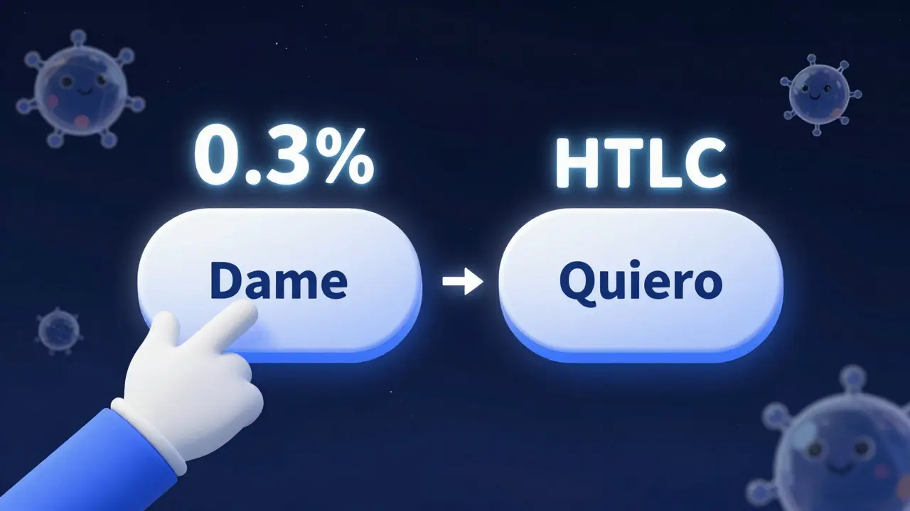 Una interfaz simple con botones 'Dame' y 'Quiero' transfiriendo tokens entre blockchains sin puentes en un espacio cósmico.