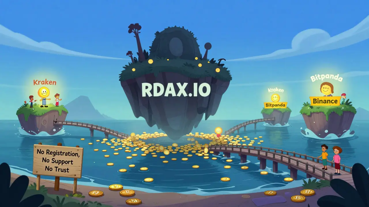 Una isla oscura sin acceso llamada RDAX.IO frente a otras islas brillantes y seguras de intercambios confiables.