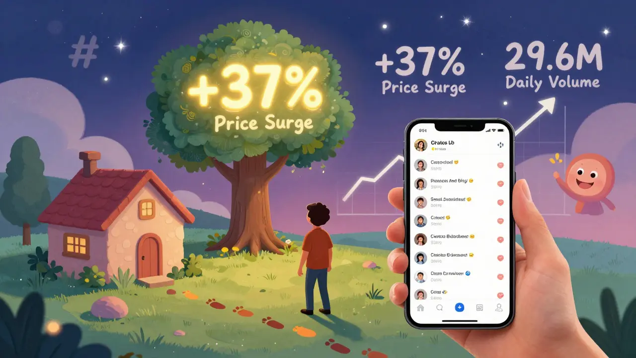 Una persona recibe un token CRTS de un árbol brillante mientras su valor sube en un gráfico mágico.