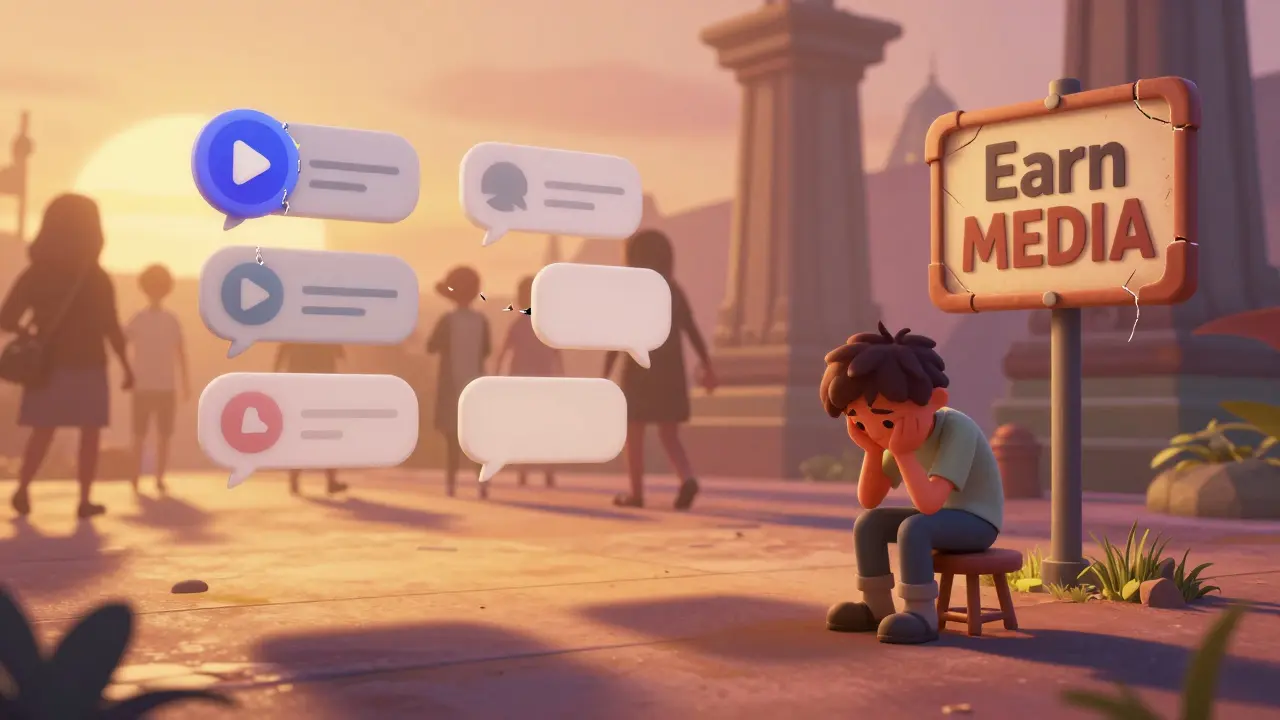 Una plataforma de streaming abandonada con signos desgastados y un creador triste en el centro.