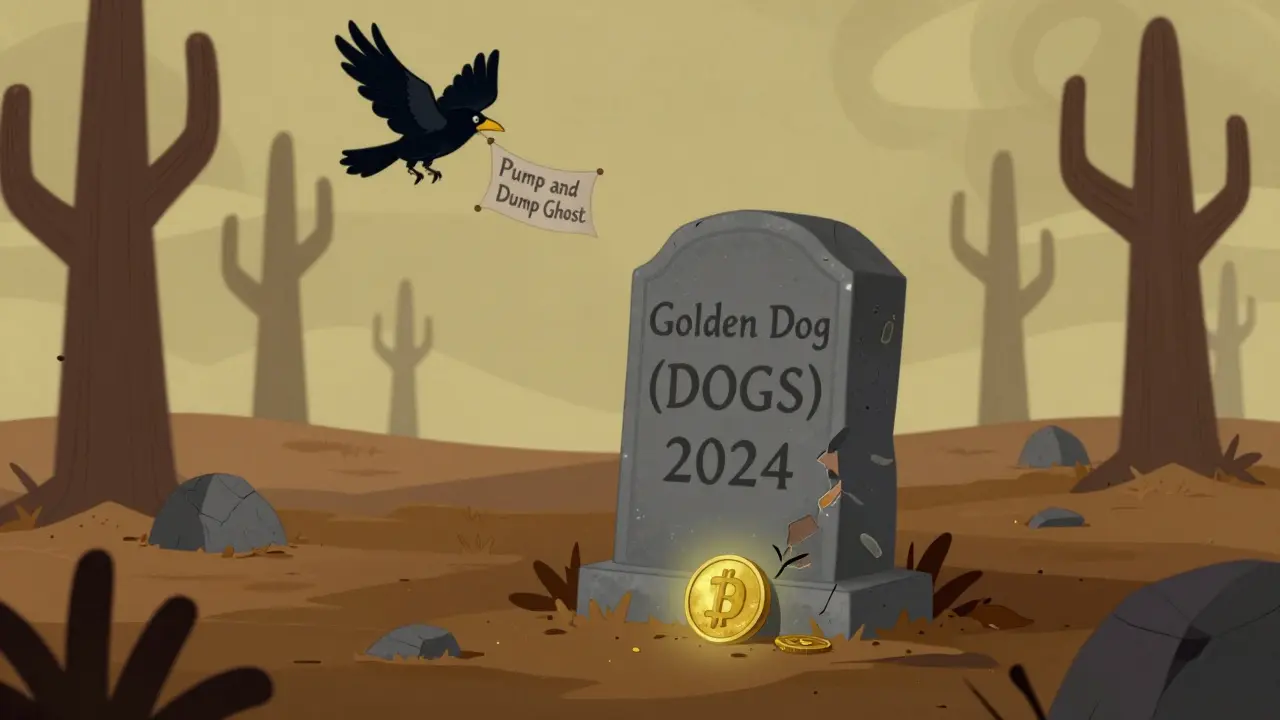 Una tumba en un cementerio cripto con la inscripción 'Golden Dog', rodeada de árboles blockchain silenciosos.