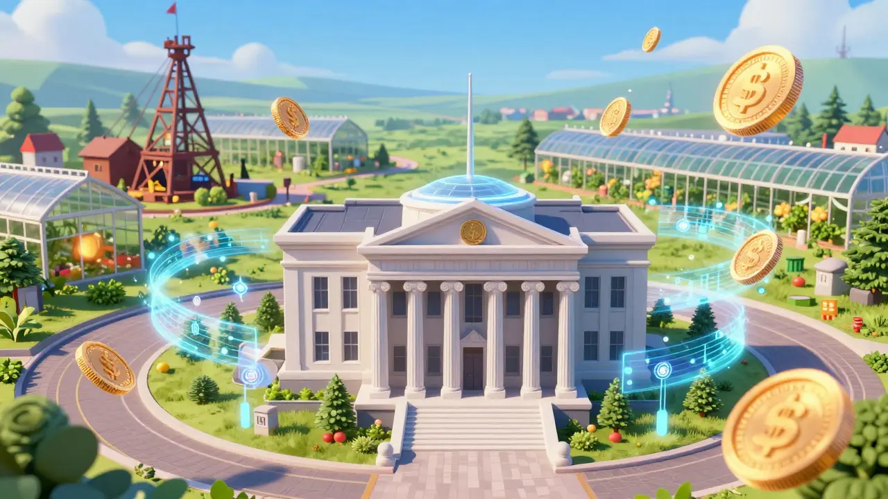 Banco central moderno con hologramas digitales y energía sostenible en Islandia.