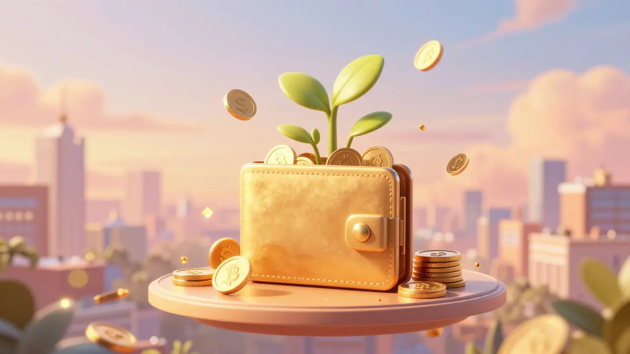 Billetera digital con monedas de oro creciendo como un jardín mágico.