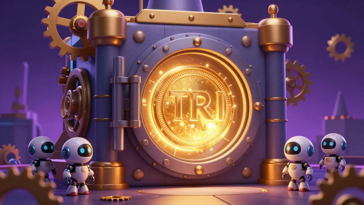Bóveda digital animada protegiendo un token TRI contra robos.