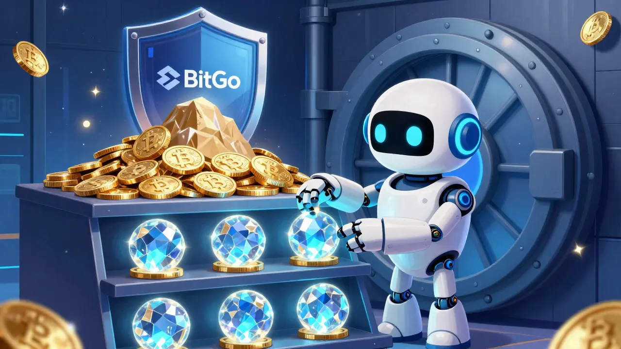 Bóveda digital con subcuentas y seguridad de BitGo en estilo Disney.