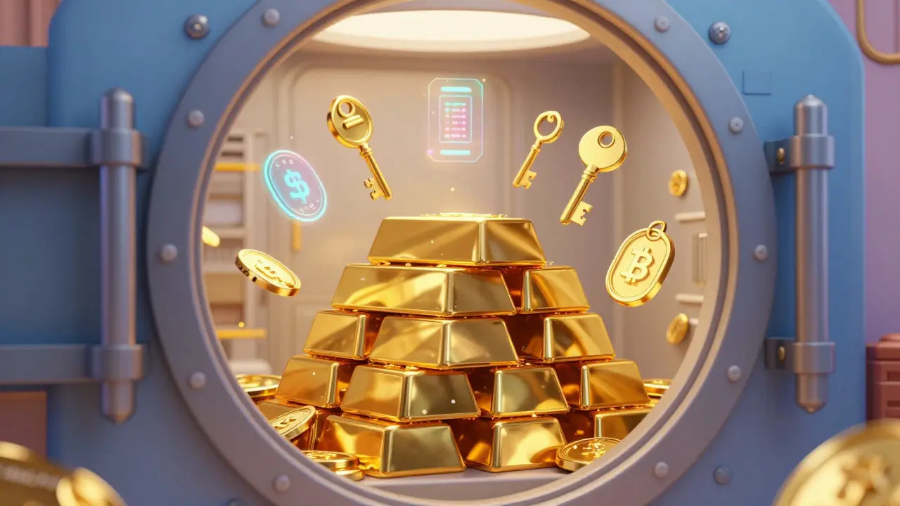 Bóveda futurista con lingotes de oro y tokens digitales flotantes.