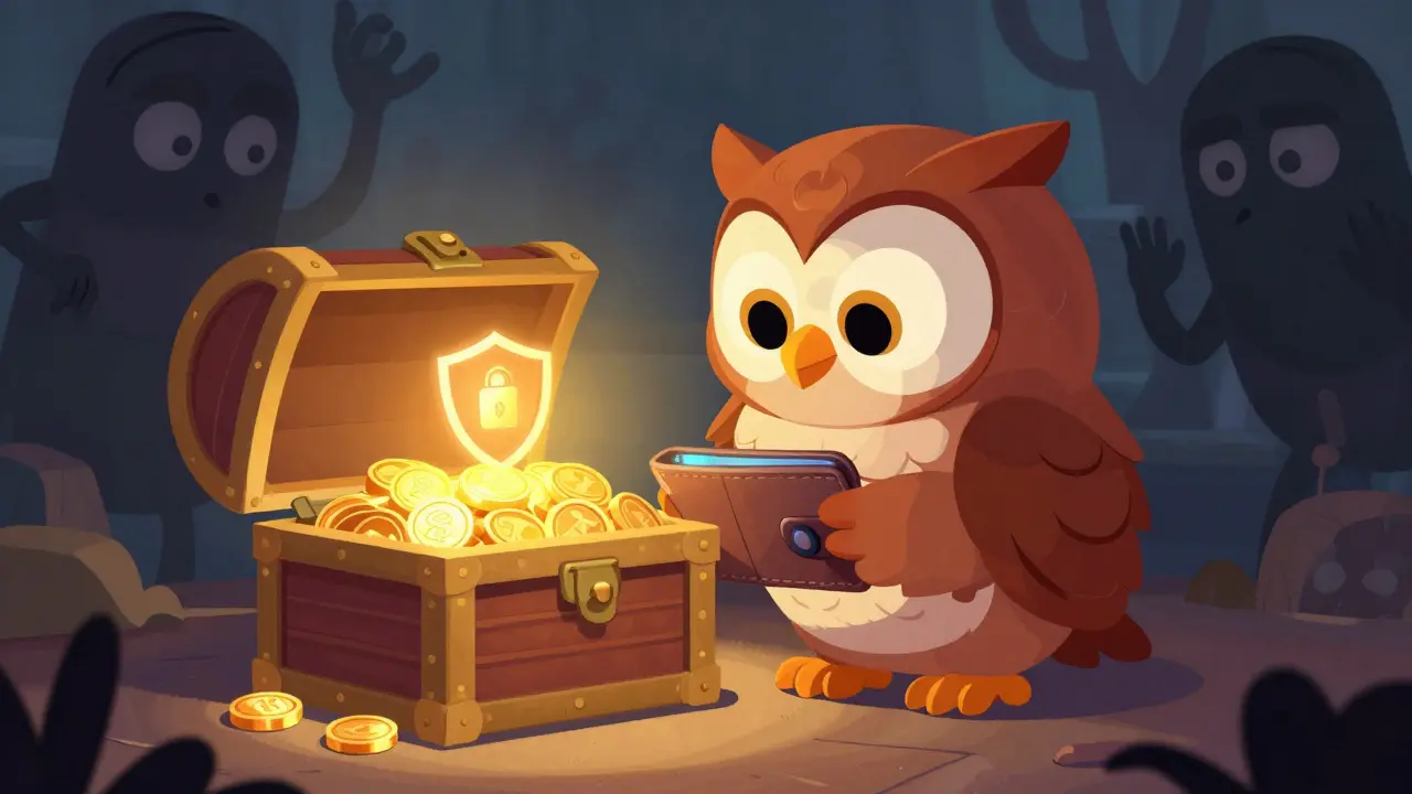Búho protegiendo sus tokens de amenazas de estafa