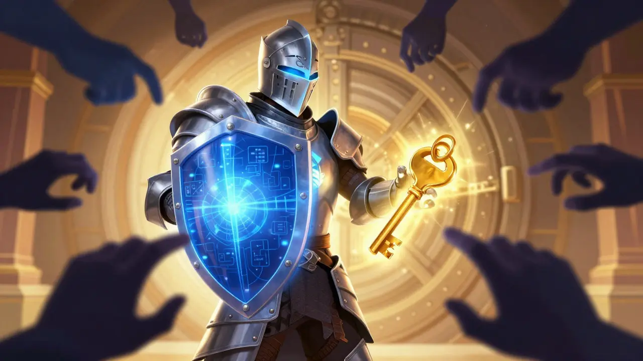 Caballero digital protegiendo su clave privada de sombras que representan estafas.