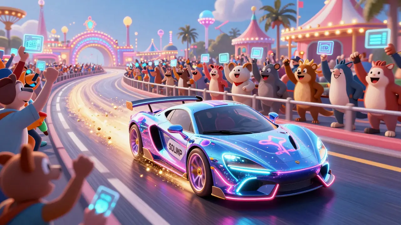 Coche de neón acelerando por una carretera de cristal brillante en un entorno festivo.