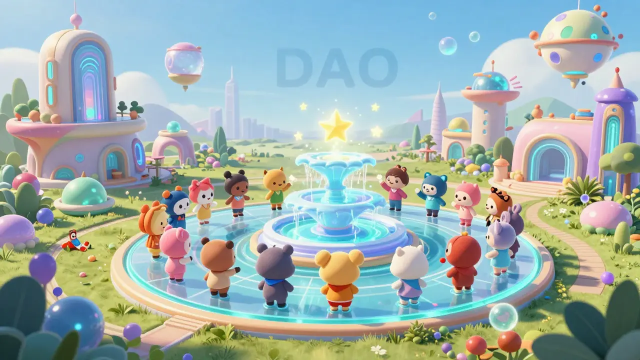 Comunidad digital votando en una asamblea descentralizada en una ciudad futurista.