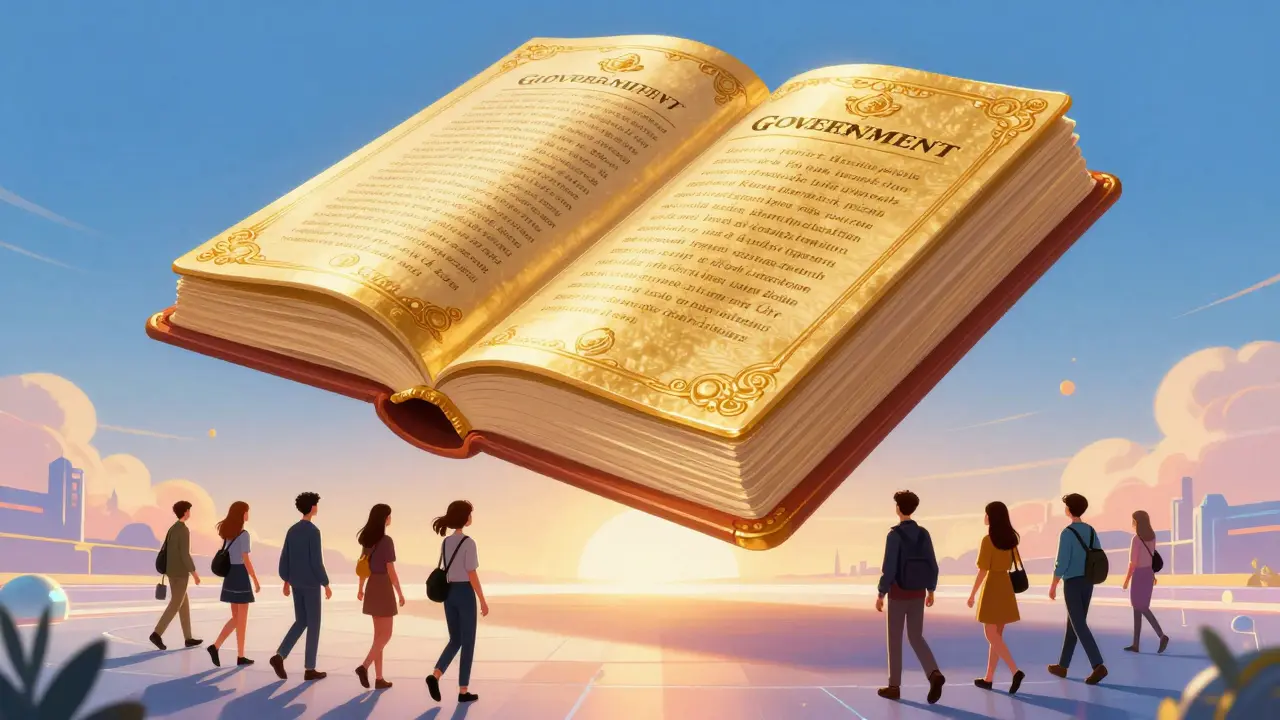 Contraste entre un libro contable gubernamental rígido y jóvenes desarrolladores buscando libertad tecnológica.