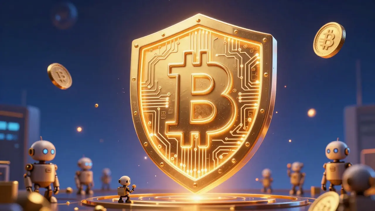 Escudo digital dorado protegiendo una moneda rBTC gracias a mineros robóticos.