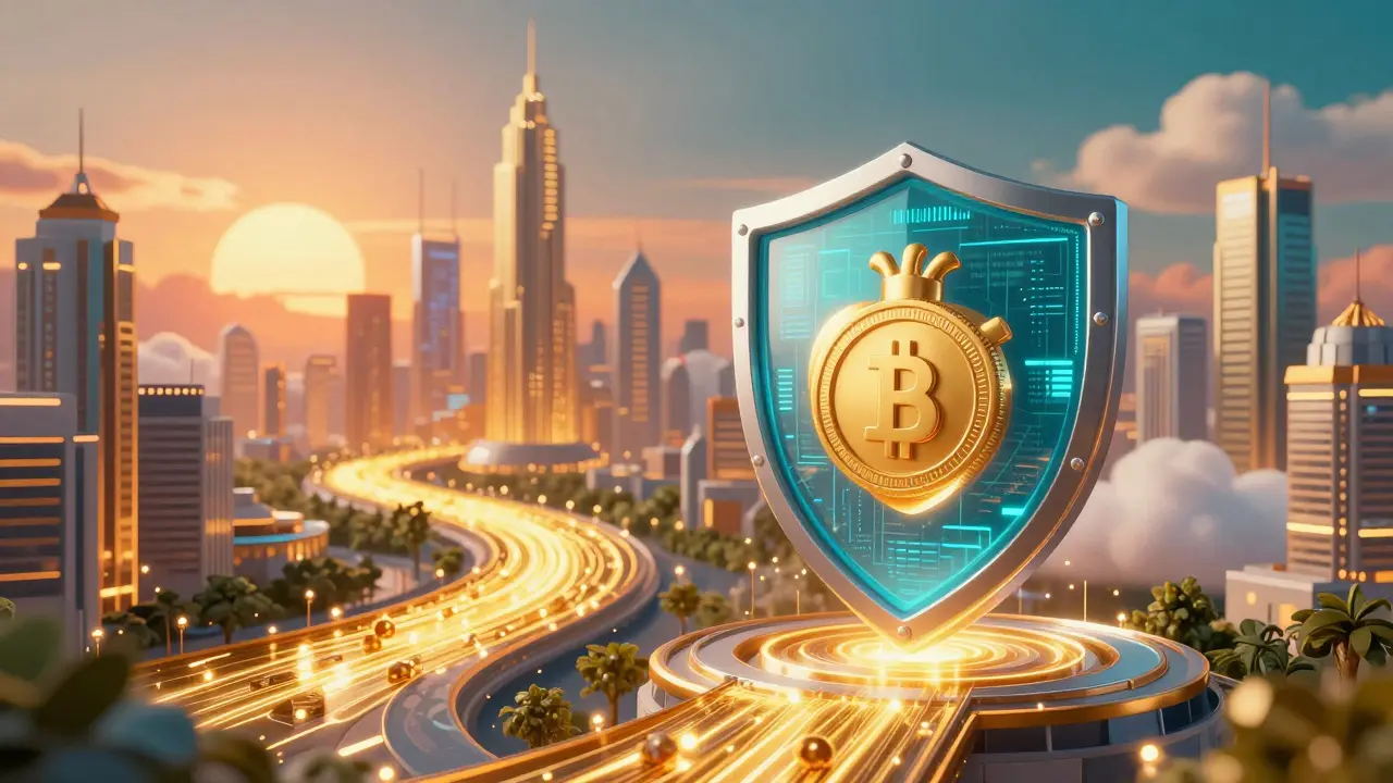 Escudo digital protegiendo datos médicos y financieros en una ciudad futurista.