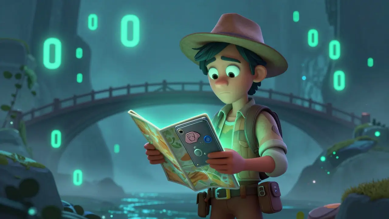 Explorador digital cauteloso frente a un puente de datos con baja liquidez.