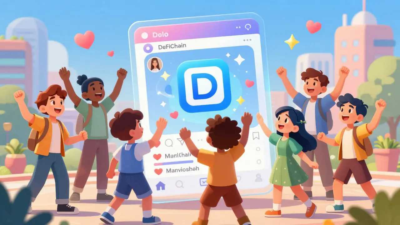 Jóvenes interactuando con un holograma de DeFiChain en una ciudad futurista.