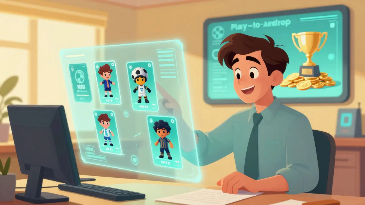 Mánager de fútbol analizando jugadores NFT y tokens MSU en una oficina tecnológica.