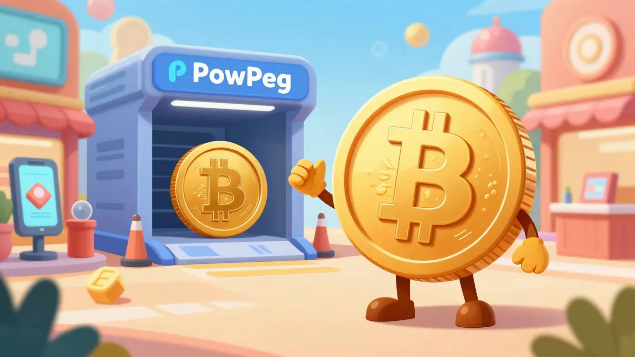 Moneda rBTC como un ticket en un centro comercial digital con un garaje seguro al fondo.