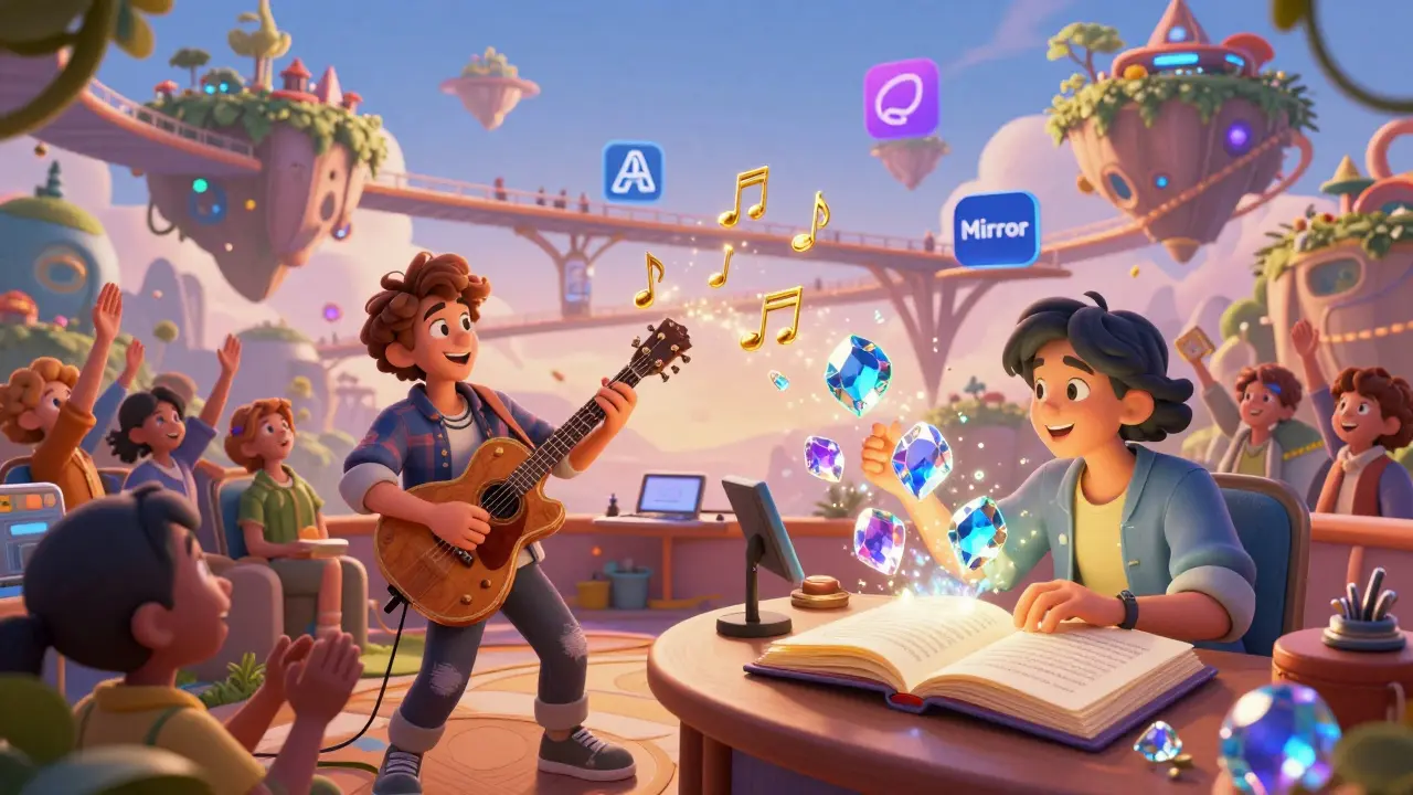 Músico y escritor monetizando su contenido digital con efectos mágicos y brillantes.