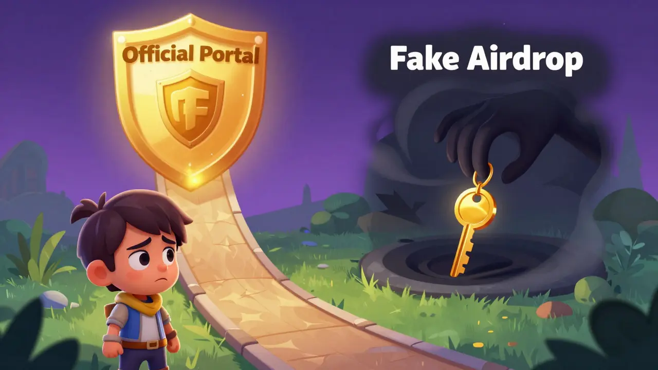 Personaje eligiendo entre un portal seguro y una trampa de airdrop falso