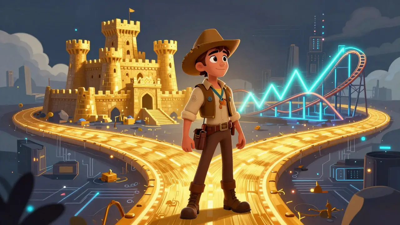 Personaje en un camino digital eligiendo entre estabilidad y volatilidad del mercado.