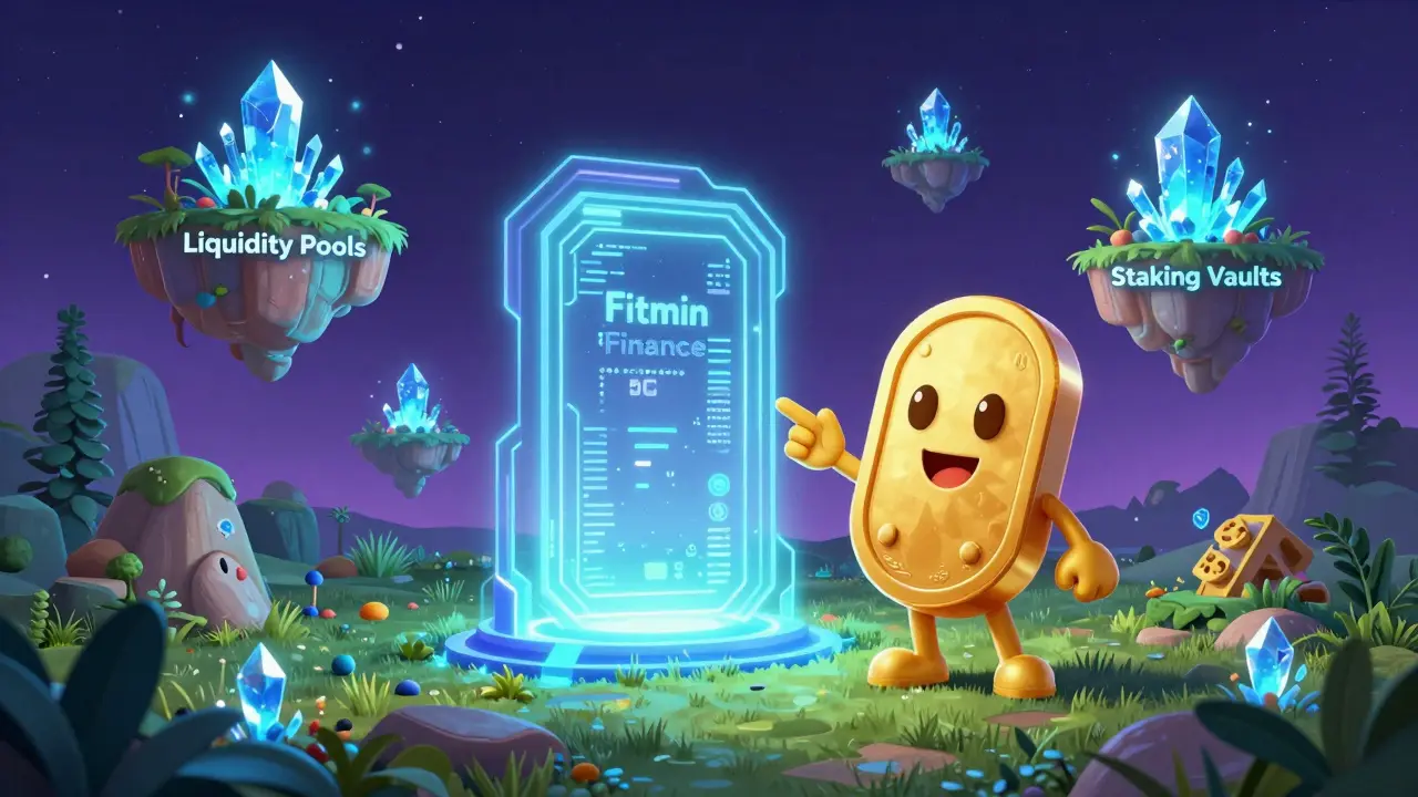 Personaje guía en un paisaje digital de finanzas descentralizadas y blockchain.