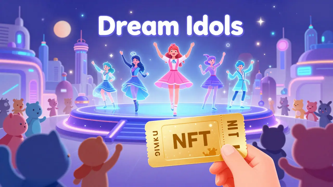 Personaje usando un NFT de Dream Card como pase VIP para un concierto de Dream Idols virtuales.