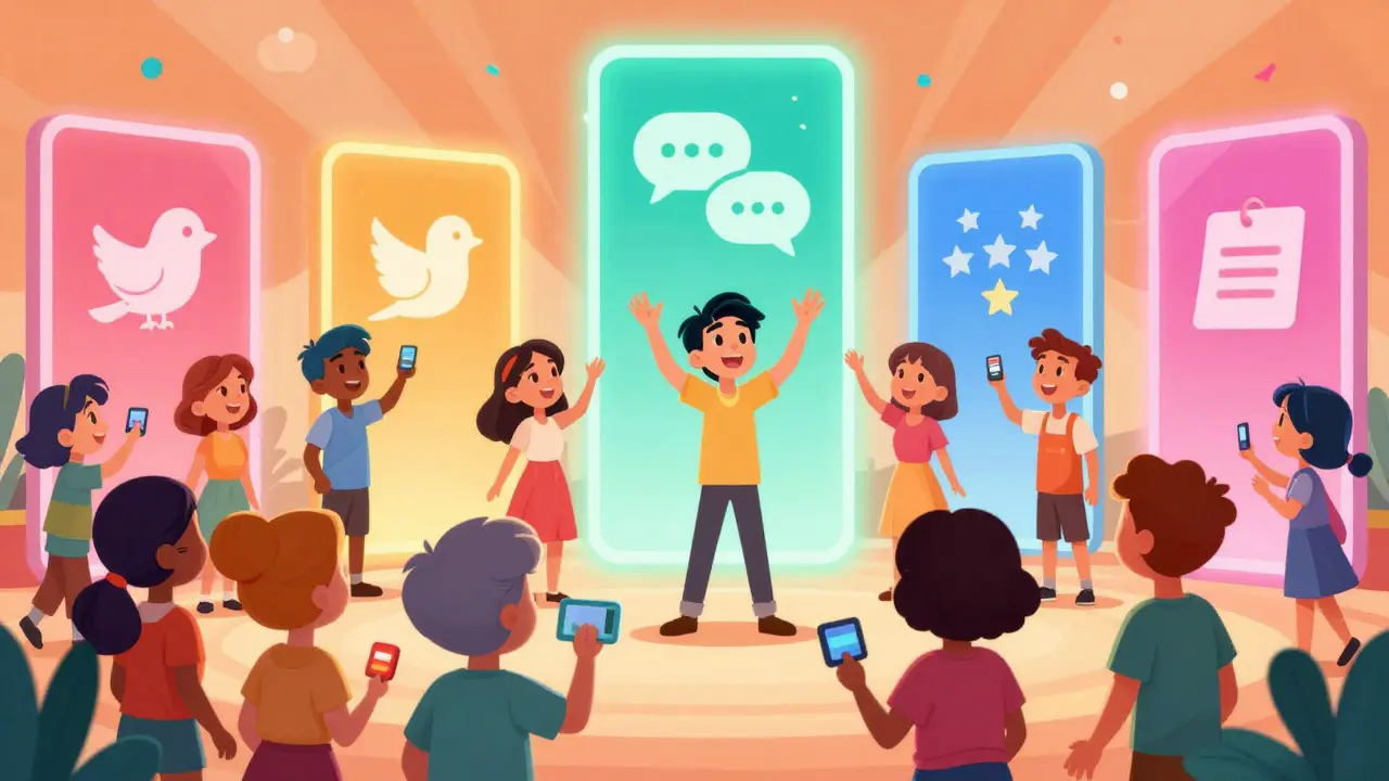 Personajes completando tareas en varias plataformas sociales