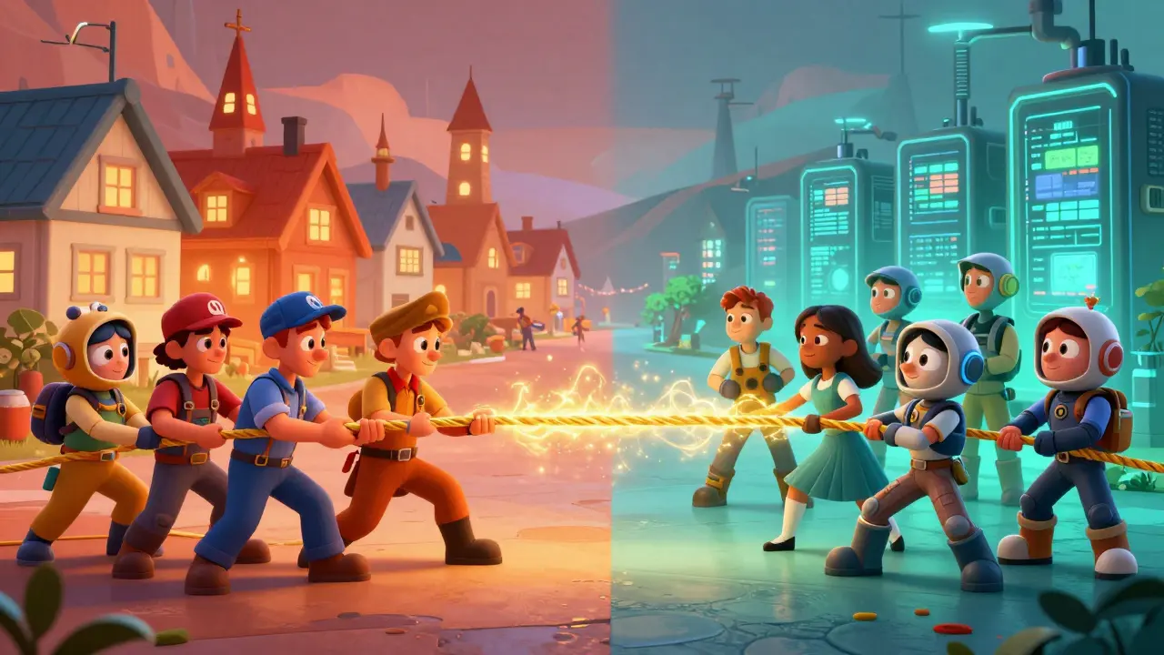 Personajes en disputa por el suministro eléctrico entre un pueblo y un centro de datos.