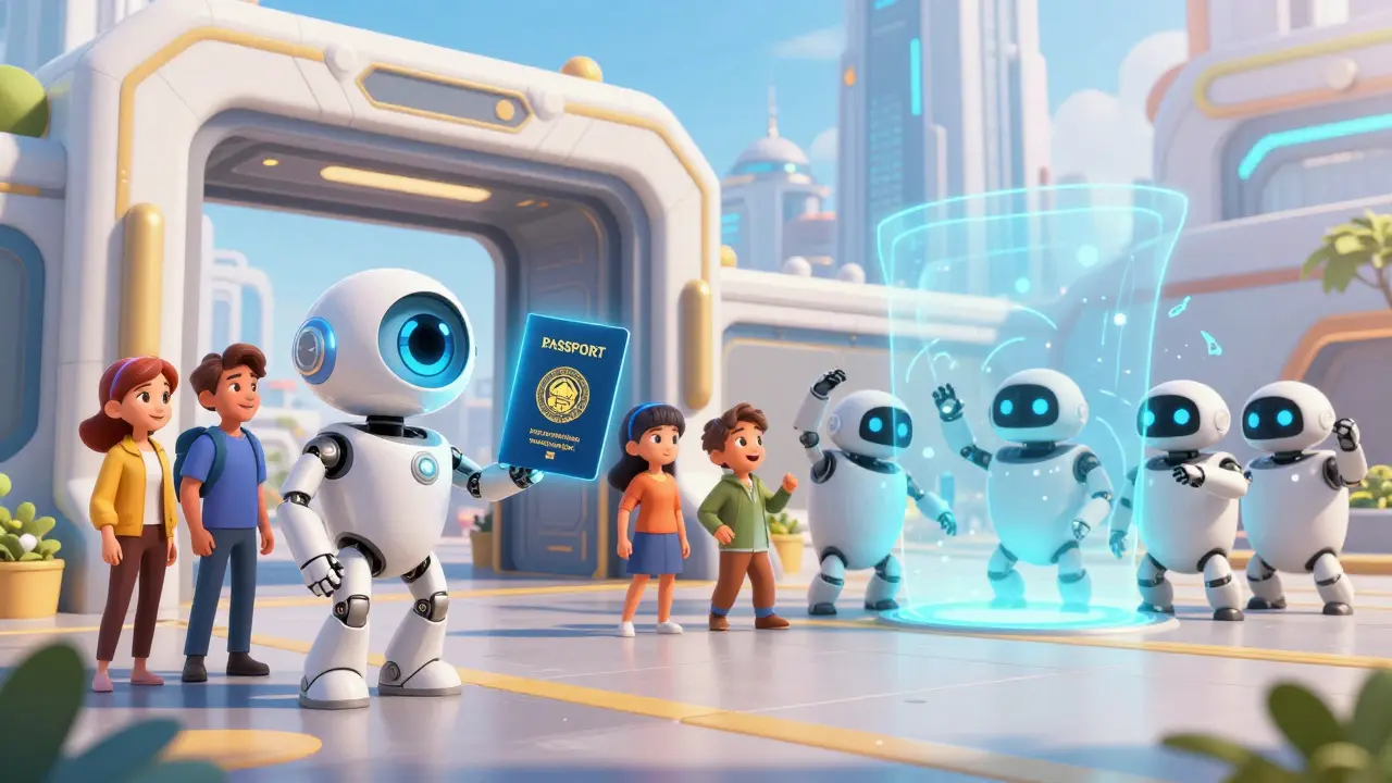 Personajes siendo verificados por un ojo robótico y pasaportes digitales frente a un escudo.