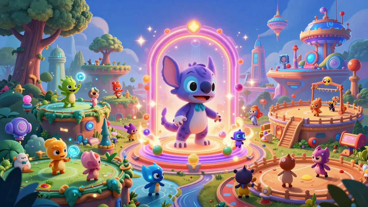 Portal mágico de Dream Card conectando diferentes mundos de videojuegos en un metaverso colorido.