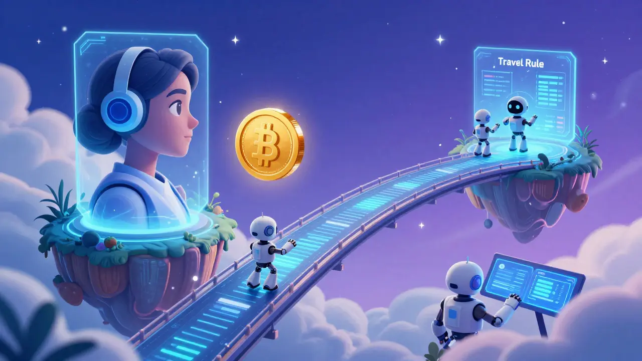 Puente digital que adjunta datos personales a una moneda dorada representando la Travel Rule.