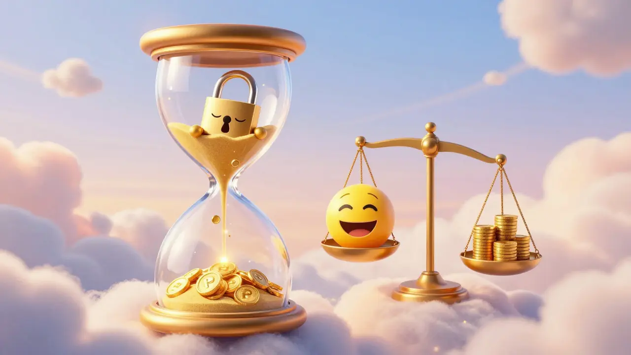 Reloj de arena dorado con tokens PUMP y un candado animado simbolizando el periodo de bloqueo.