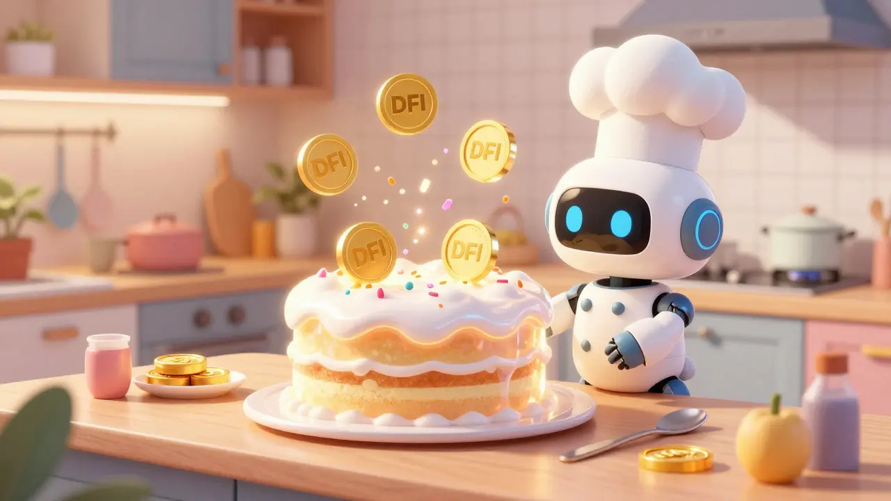 Robot chef preparando pasteles digitales con tokens DFI en un entorno colorido.